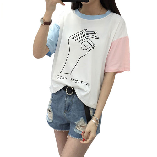 2017 College Harajuku Hit Color Sleeves Summer Funny T shirts Women Fashion OK Gesture Loose Girls Top Female T-shirt S-XL Size
women
