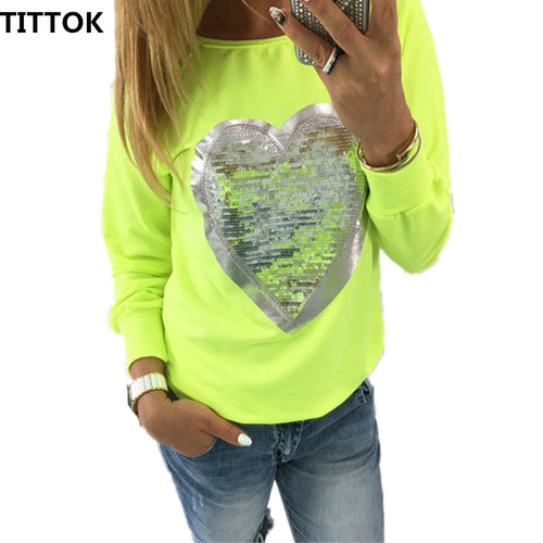 2017 Fashion Autumn t shirt women heart sequin top round neck heart shape blusa long sleeve woman shirts tops ladies tshirts tee
women