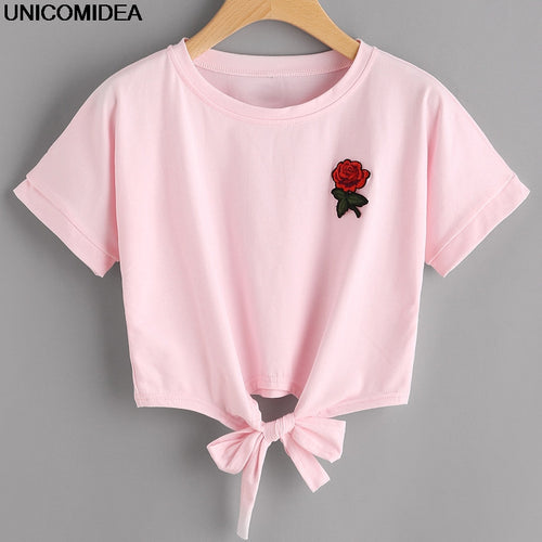 2017 Fashion Summer Kawaii Embroidery Rose Print Aliens T Shirts Women Short Sleeve Tops Tees Casual Female Pink T-shirt Ukraine
women
