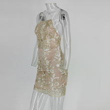 2017 Fashion brand women sequin lace floral dress Backless tie up mini dresses hot sale gold flower night club party vestidos-Women