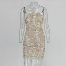 2017 Fashion brand women sequin lace floral dress Backless tie up mini dresses hot sale gold flower night club party vestidos-Women