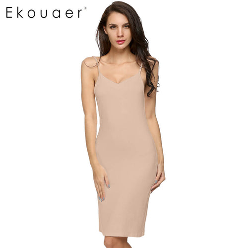 2017 Ladies Women Casual Sexy Strap Slip Sleeveless V Neck Solid Bottoming Straight Dress Black White Nude size S M L XL  XXL-Women