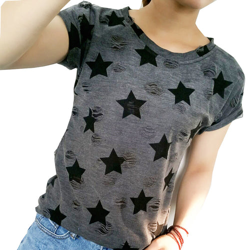 2017 New Women Summer Casual Basic T-shirt Stars printed Top Tee short sleeves hole Plus Size Cotton blusas
women