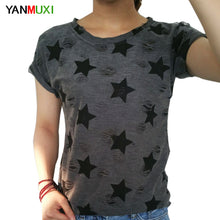 2017 New Women Summer Casual Basic T-shirt Stars printed Top Tee short sleeves hole Plus Size Cotton blusas
women