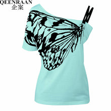 2017 Newest Summer Cotton Top Shirts Women T Shirts Skew Collar Butterfly Print Tshirt Ladies Plus Size T-shirt Tees Tops
women