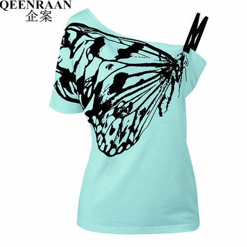2017 Newest Summer Cotton Top Shirts Women T Shirts Skew Collar Butterfly Print Tshirt Ladies Plus Size T-shirt Tees Tops
women