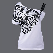 2017 Newest Summer Cotton Top Shirts Women T Shirts Skew Collar Butterfly Print Tshirt Ladies Plus Size T-shirt Tees Tops
women