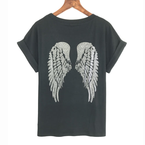 2017 Punk Rock T shirt Women Wing Sequins Sequined T-shirt Women Top Tee Shirt Femme Tops Tees Woman Free Shipping Bat Sleeve
women