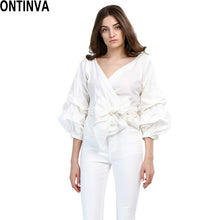 2017 Summer Puff Sleeve White Blouse with Belt Women Sexy V Neck Woman Shirt Elegant Plaid Tops Formal Clothing for Office lady
women