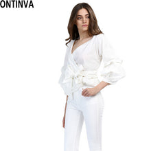 2017 Summer Puff Sleeve White Blouse with Belt Women Sexy V Neck Woman Shirt Elegant Plaid Tops Formal Clothing for Office lady
women