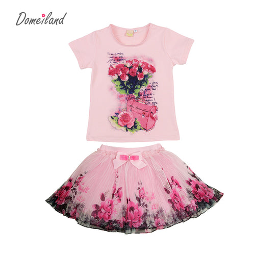 2017 fashion summer domeiland children clothing sets kids girl outfits print floral short sleeve cotton tops skirt suits clothes
kids