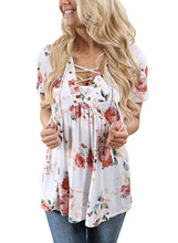 Coutgo Womens Summer Short Sleeve V Neck Floral Print Lace Up Blouses Top
women