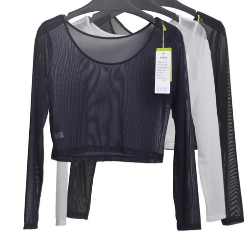 8 Colors Women Sexy Slim Semi-transparent Mesh Crop Tops Girl Long Sleeve Short T-Shirts Tees Single Layer Mesh