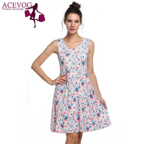 ACEVOG Brand 2017 Summer Vintage Dress Women Sexy 1950s 60s Lady Floral Print Robe Sleeveless Dresses Feminino Vestidos Mujer-Women