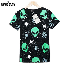 Aproms Fashion Harajuku Punk Alien ET Print Black T Shirt Women Tops Casual Short Sleeve T-Shirt Autumn Ladies Shirt 21145
women