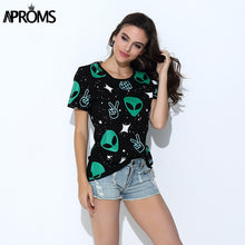 Aproms Fashion Harajuku Punk Alien ET Print Black T Shirt Women Tops Casual Short Sleeve T-Shirt Autumn Ladies Shirt 21145
women