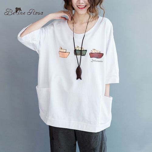BelineRosa 2017 Plus Size Female T- Shirt Summer Women Tops Kawaii Printing Plus Size White Shirt Women Fit L ~ 5XL HS000197
women