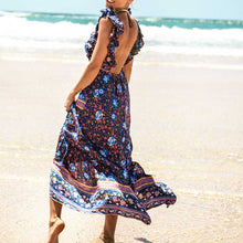 Boho Inspired 2017 summer dresses floral print cotton backless long maxi dress hippie chic ruffles sleeve women sexy vestidos
women