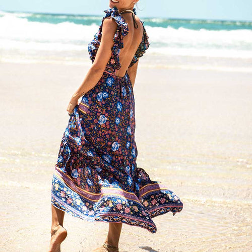 Boho Inspired 2017 summer dresses floral print cotton backless long maxi dress hippie chic ruffles sleeve women sexy vestidos
women