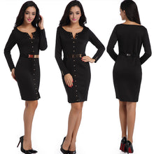 COUTUDI 2017 New Spring Autumn Dresses Women Solid Black V-Neck Work Pencil Style Dress Sash Slim Elegant Female Clothing Dress-Women