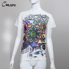 CWLSP Fashion Women T Shirts Short Sleeve women Print Letters T-Shirts Female Retro Graffiti Flower Tops Tee Lady T Shirts QA876
women