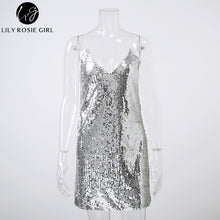 Deep V Neck Autumn Silver Sequined Backless Sexy Dress Women Off Shoulder Mini Dress Christmas Party Club Strap Dresses Vestidos
women
