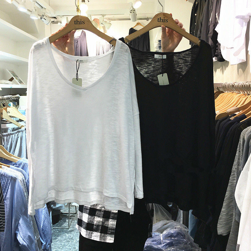 Female 2017 V Neck Basic T Shirts Women Plus Size Cotton White Long Sleeve Tee Tops Loose Casual Knitted T Shirt Femme-Women