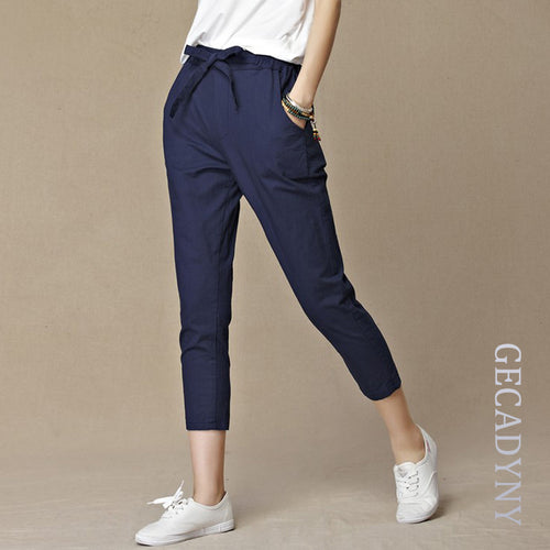 Free Shipping Women Loose Original Design Vintage Linen Female Dazzling Female Drawstring Pants Pure Capris Harem Trousers
women