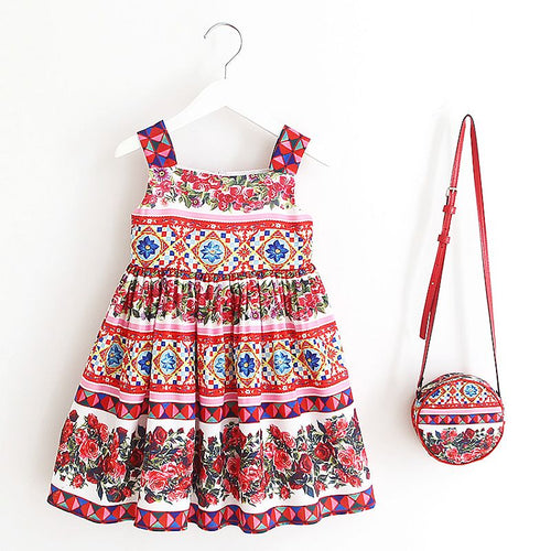Girls Dress with Bag 2017 Brand Toddler Girl Summer Clothes Kids Costumes Floral Print Robe Princesse Fille Children Dress Kids