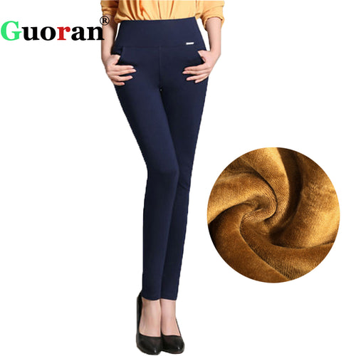 {Guoran}2017 Winter pants women Office Thick Warm Fleece High Waist pencil pants Stretch black White trousers Plus Size Leggings
women