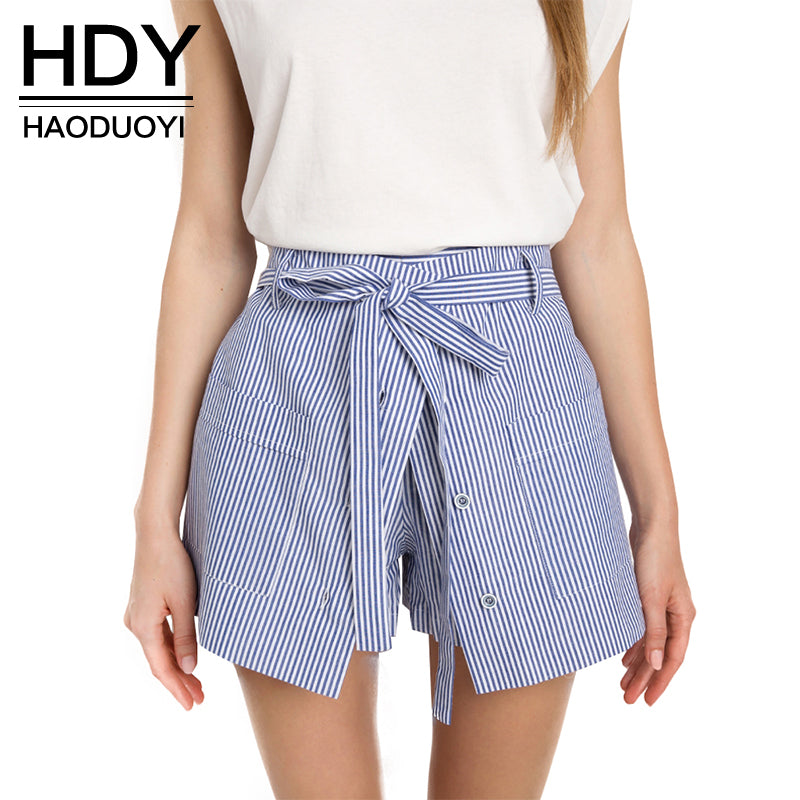 HDY Haoduoyi 2017 Summer Stripe Shorts Women Loose Casual Short Slim High Waist Button Culotte Lacing Bottom Cotton Skirt Shorts
women