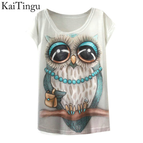 KaiTingu 2017 New Fashion Vintage Spring Summer T Shirt Women Clothing Tops Animal Owl Print T-shirt Printed White Woman Clothes
women