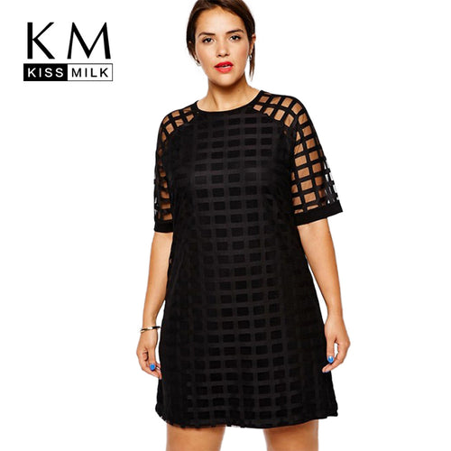 Kissmilk Women Plus Size Checkered Pattern O Neck Sheer Mesh Shirt Dress Shift Dress OL Vintage Party Big Size Dress 5XL 6XL-Women