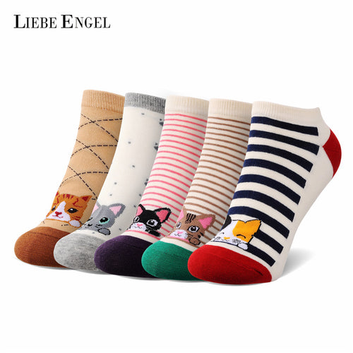 LIEBE ENGEL 2017 New Spring Summer Kawaii Women Socks Cute Cartoon Cat Striped Cotton Socks for Female (5 Pairs/Set)
women