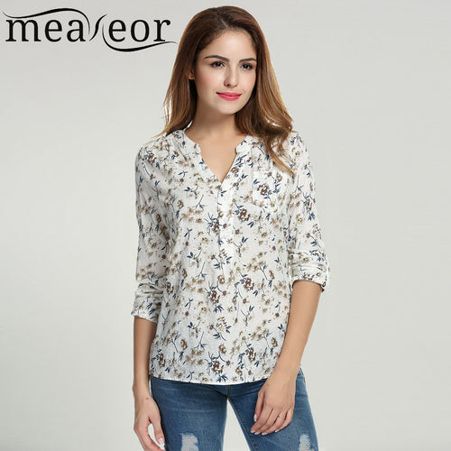 Meaneor Women Floral Print Blouse Tops 1950s 60s Vintage Autumn Clothing Casual Roll Up Sleeve Cotton Fabric High Quality Blouse
women