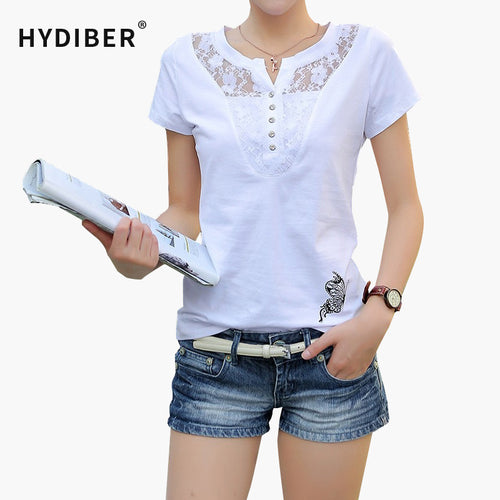 New 2017 Fashion Women t-shirts V-neck Summer Slim Women's Short Sleeve Print Casual Lace Cotton White Tshirt Plus Size Tops 3XL
women
