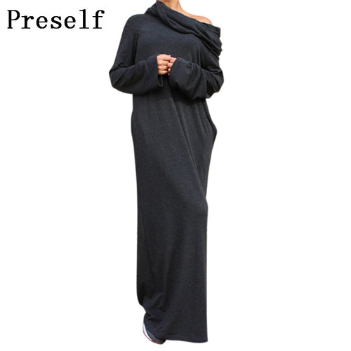 Preself Off Shoulder Maxi Dresses Hooded Wrap Dress  Shirt Long Sleeve Casual Fashion Women 2017 Army Green Black Autumn Winter
women
