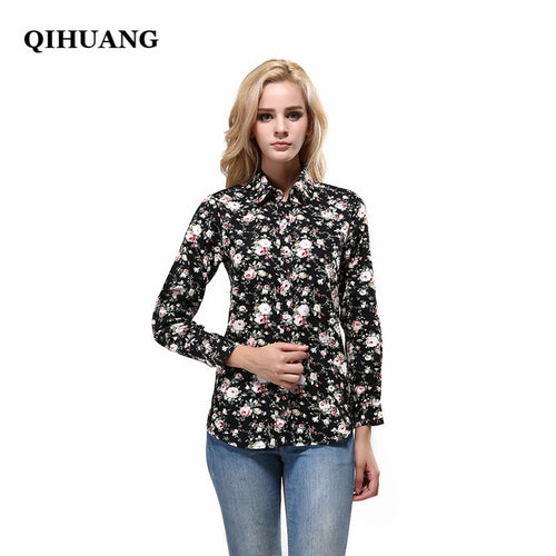 QIHUANG Fashion Brand Women Blouse Shirts Vintage Floral Cotton Turn Down Collar 2017 Tops Female Casual Long Sleeve Shirt S-5XL
women