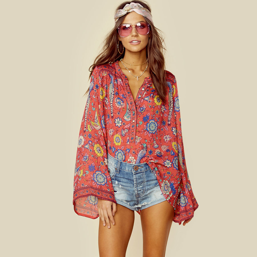 RED Boho blouse 2017 autumn birds floral print blouses Vinatge o-Neck flare long Sleeve Bohemia women blouses Hippie TOP
women