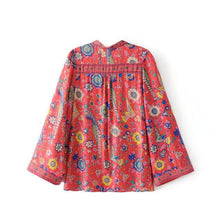 RED Boho blouse 2017 autumn birds floral print blouses Vinatge o-Neck flare long Sleeve Bohemia women blouses Hippie TOP
women