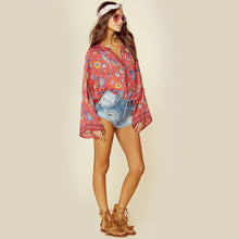 RED Boho blouse 2017 autumn birds floral print blouses Vinatge o-Neck flare long Sleeve Bohemia women blouses Hippie TOP
women