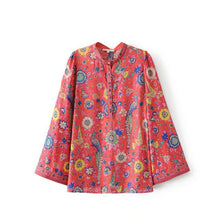 RED Boho blouse 2017 autumn birds floral print blouses Vinatge o-Neck flare long Sleeve Bohemia women blouses Hippie TOP
women