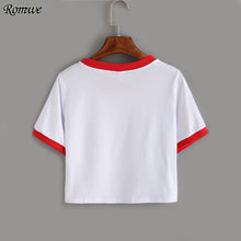 ROMWE Contrast Trimmed Rainbow Patch Crop Tees Summer Woman T shirts 2016 Fashion Round Neck Short Sleeve White Casual T-Shirt
women