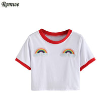 ROMWE Contrast Trimmed Rainbow Patch Crop Tees Summer Woman T shirts 2016 Fashion Round Neck Short Sleeve White Casual T-Shirt
women