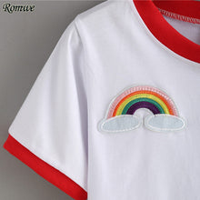 ROMWE Contrast Trimmed Rainbow Patch Crop Tees Summer Woman T shirts 2016 Fashion Round Neck Short Sleeve White Casual T-Shirt
women