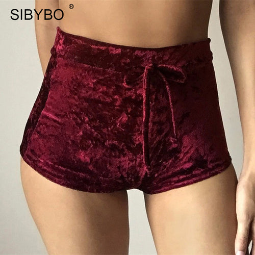 Sibybo Sexy Velvet Women Shorts 2017 6 Colors New Fashion High Waist Lace Up shorts Autumn Winter Mini Skinny Shorts
women