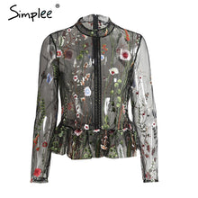 Simplee Black flower embroidery blouse shirt Women tops blouse chemise femme camisa Transparent long sleeve summer 2017 blusas
women