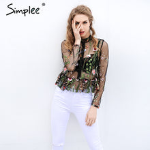 Simplee Black flower embroidery blouse shirt Women tops blouse chemise femme camisa Transparent long sleeve summer 2017 blusas
women