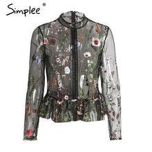 Simplee Black flower embroidery blouse shirt Women tops blouse chemise femme camisa Transparent long sleeve summer 2017 blusas-women