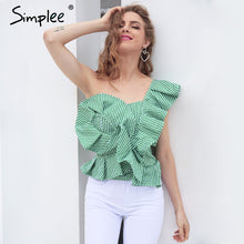 Simplee One shoulder blouse shirt women tops Summer irregural striped shirt blouse chemise femme Elegant ruffles zipper blusas-women